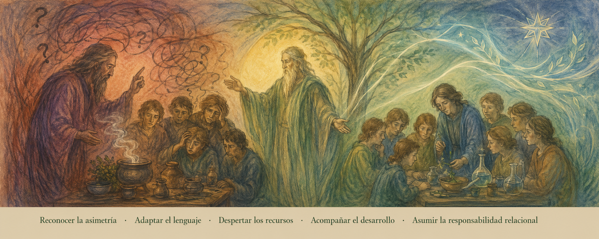 Un druida frustrado enseña a sus discípulos a preparar una pócima; una figura sabia media entre la confusión y un aprendizaje sereno bajo un árbol.